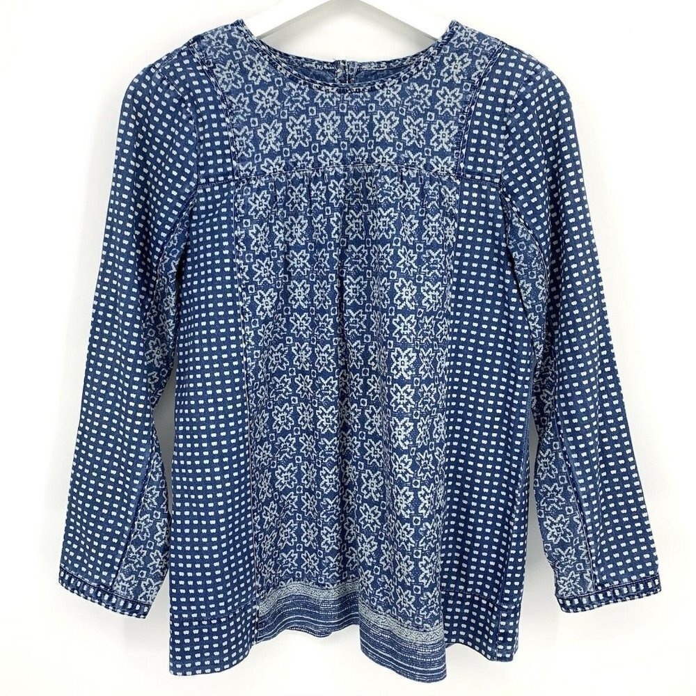 J.CREW Boho Chambray Top Womens Size 2 Blouse Blue Crew Neck Cotton Peasant